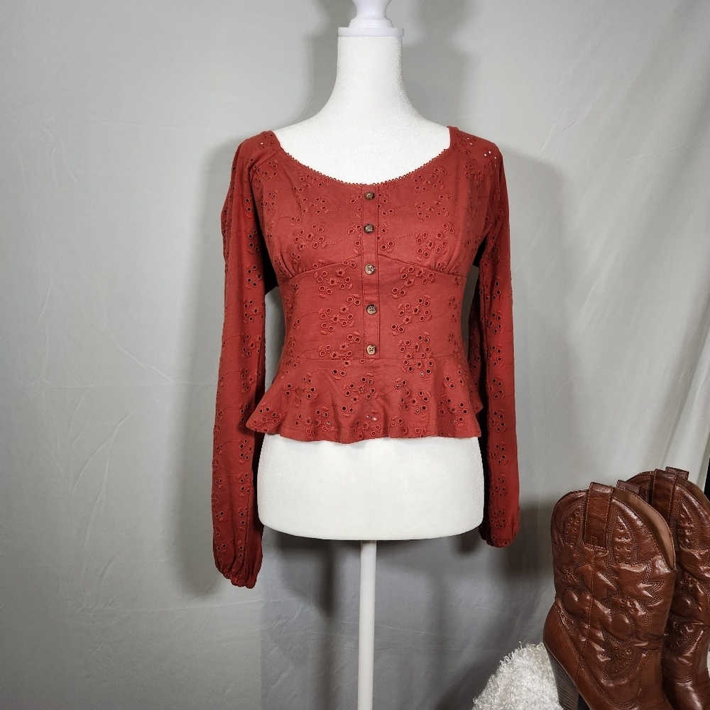 ASOS Rust Eyelet Button-Up Peplum Blouse - Picture 2 of 10